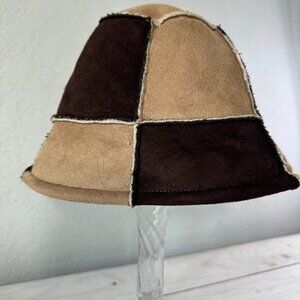 Vintage Brown Tan Checkered Patchwork Print Reversible Bucket Hat OS Unisex
